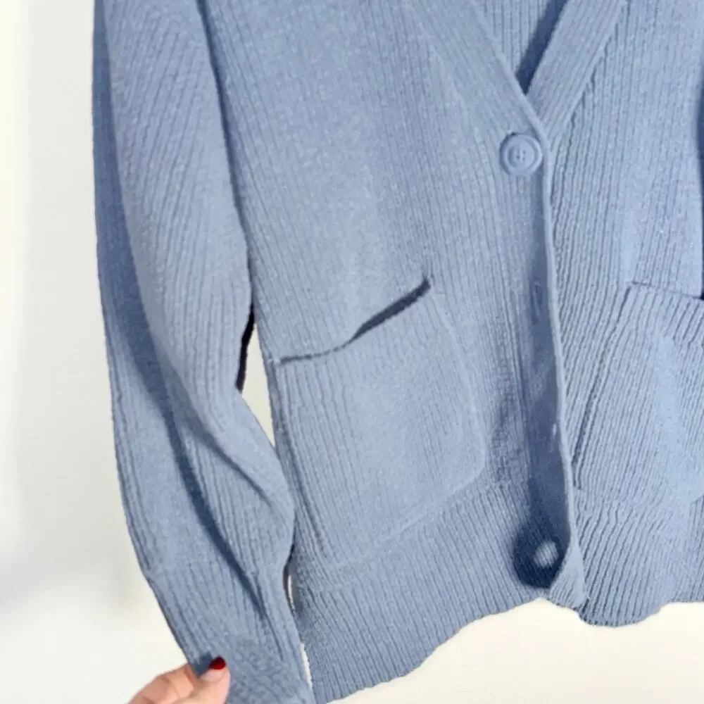 ABERCROMBIE & FITCH chunky knit old money men’s slate blue preppy cardigan S